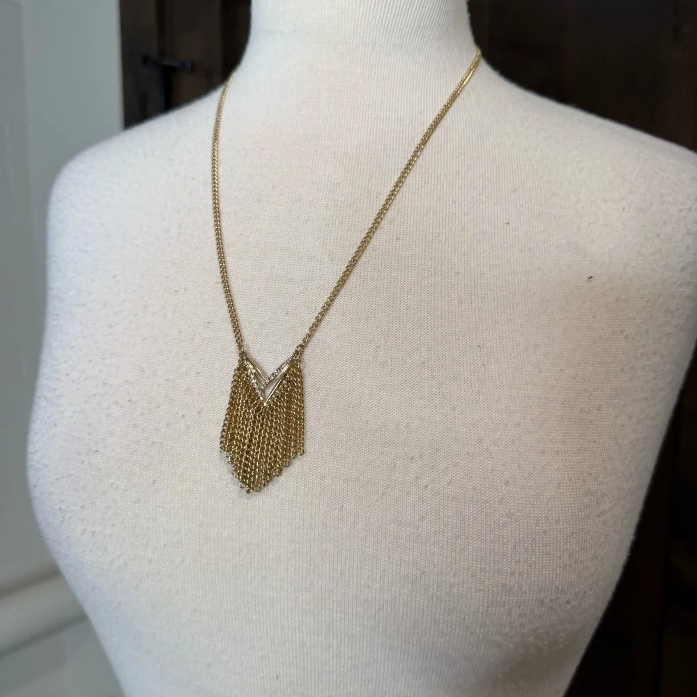 Gold Geometric Chevron Necklace with chain Fringe embezzled CZ stones